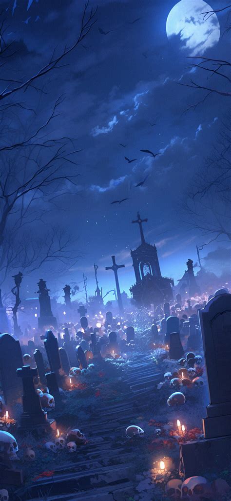 Scary Night Cemetery with Skulls Wallpapers - Halloween Wallpaper