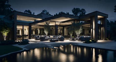 Premium AI Image | A modern house with a pool at night