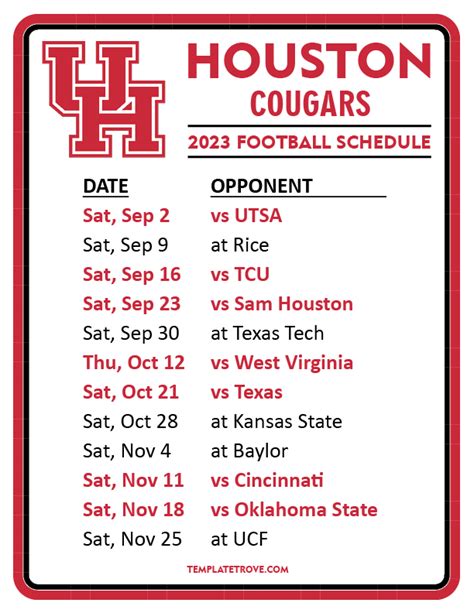 Printable 2023 Houston Cougars Football Schedule