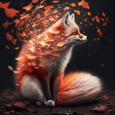 Premium AI Image | A fox with leaves on its tail is surrounded by leaves.