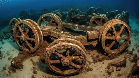 Five Ancient Rotting Wheels Lie Under The Sea Floor Background, Pictures Of Chariot Wheels In ...