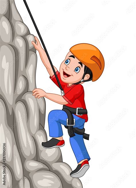 Cartoon happy boy climbing rock Stock Vector | Adobe Stock