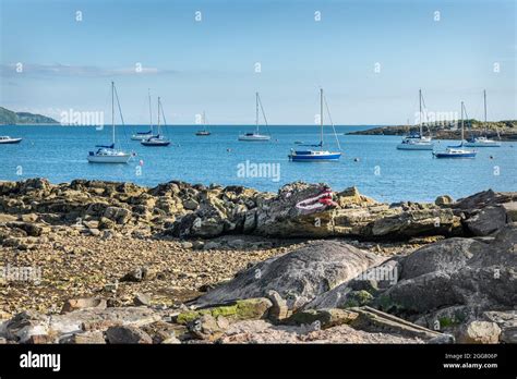 Crocodile Rock on the beach at Millport on Cumbrae in Scotland with Eilean Island in Millport ...