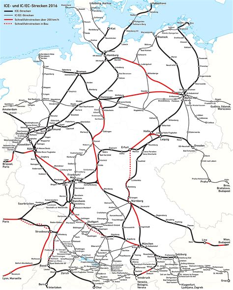 a map showing the major roads in europe, with red and black lines on each side