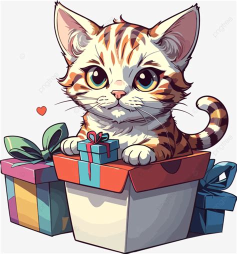 Cute Cat On Christmas Gift Box, Christmas, Paint, Gift Box PNG ...