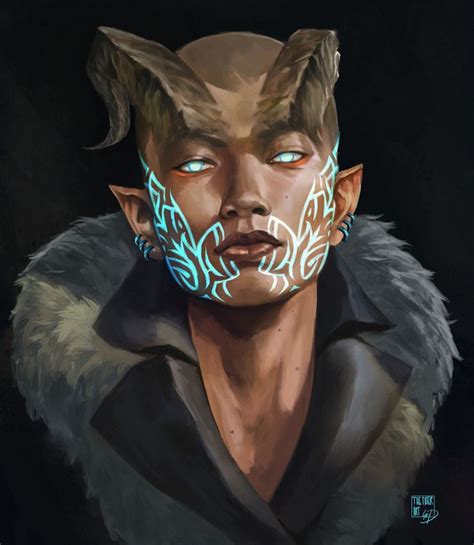 a digital painting of a man with blue eyes and an elf's head painted on his face