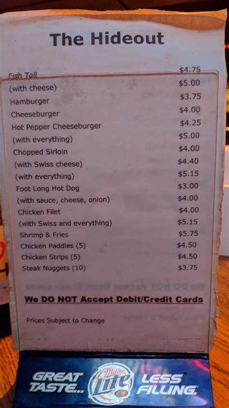 Menu at Hideout pub & bar, Dexter City