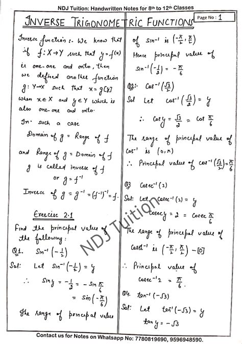 Inverse Trigonometry Function Handwritten Notes for 12th Math