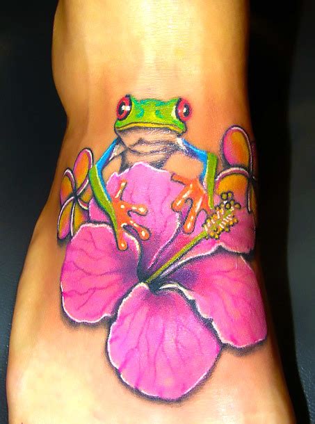 Frog and Flower on Foot Tattoo Idea