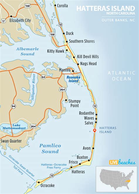 Map of Hatteras Island, North Carolina - Live Beaches