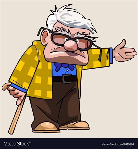 Cartoon grandfather with a cane shows his hand Vector Image