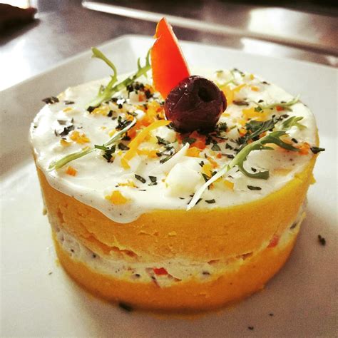 Peruvian Causa. Andean yellow potato, yellow chili, lemon juice, olive ...