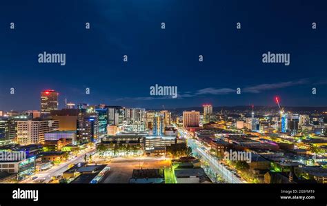 Adelaide city skyline illuminated at night viewed towards hills, South ...