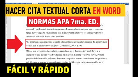 👨‍🏫CÓMO HACER UNA CITA TEXTUAL CORTA (MENOS DE 40 PALABRAS) EN WORD | EJEMPLO | NORMAS APA 7ma ...