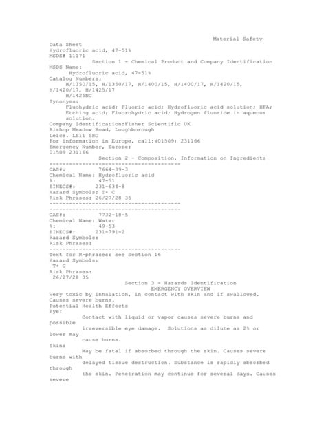 hydrofluoric acid MSDS