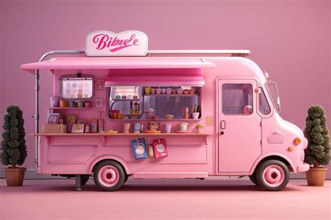 Premium Photo | 3d rendering concept of pink food truck with a standing board