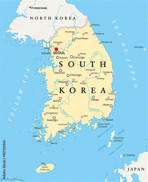 South Korea political map with capital Seoul, national borders, important cities, rivers and ...