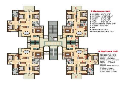 2 and 3 BHK Apartment Cluster Tower Layout | Residential building plan ...