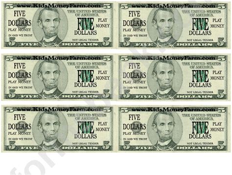 Five Dollar Bill Play Money Template printable pdf download