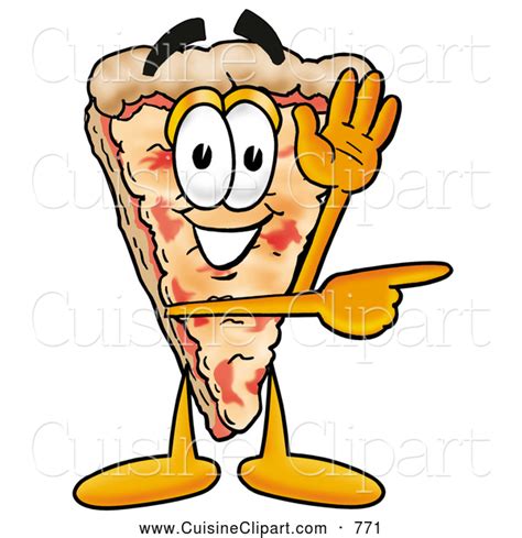 Cuisine Clipart of a Slice of Cheese Pizza Mascot Cartoon Character Waving and Pointing by ...