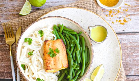 Broiled Salmon w/ Coconut Curry Rice Noodles & Green Beans