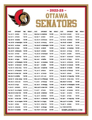 Printable 2022-2023 Ottawa Senators Schedule