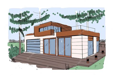 Premium Vector | Modern house exterior design. sketch of rural home with wood terrace and ...