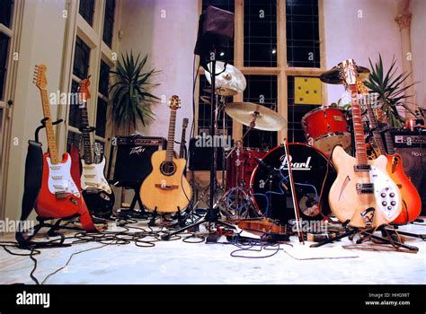 Folk-Rock Band instruments on stage Stock Photo, Royalty Free Image ...