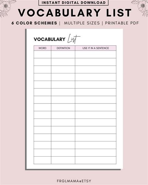 Vocabulary Notebook Template