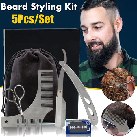 5Pcs/Set Beard Grooming & Trimming Kit Razor Shaping Scissors Mustache Care Styling Tool