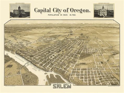 Historic Map of Salem Oregon 1905 Marion County | Panoramic map, Salem ...