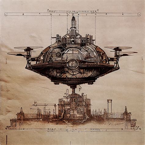 Technical blueprint_steampunk floating city on Behance