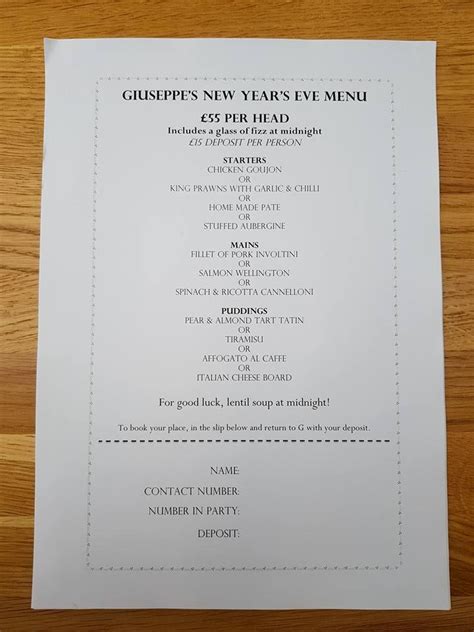 Menu at Giuseppe's restaurant, Stroud