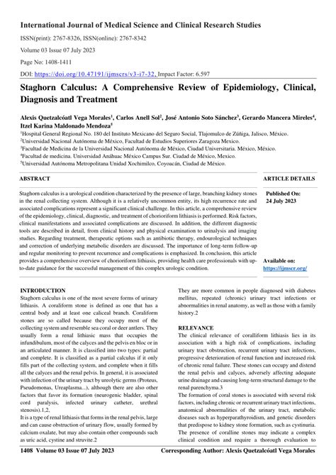 (PDF) Staghorn Calculus: A Comprehensive Review of Epidemiology, Clinical, Diagnosis and Treatment