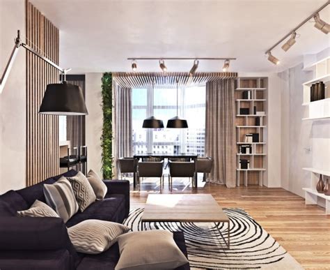 Contemporary apartment design in neutral colors and open space plan