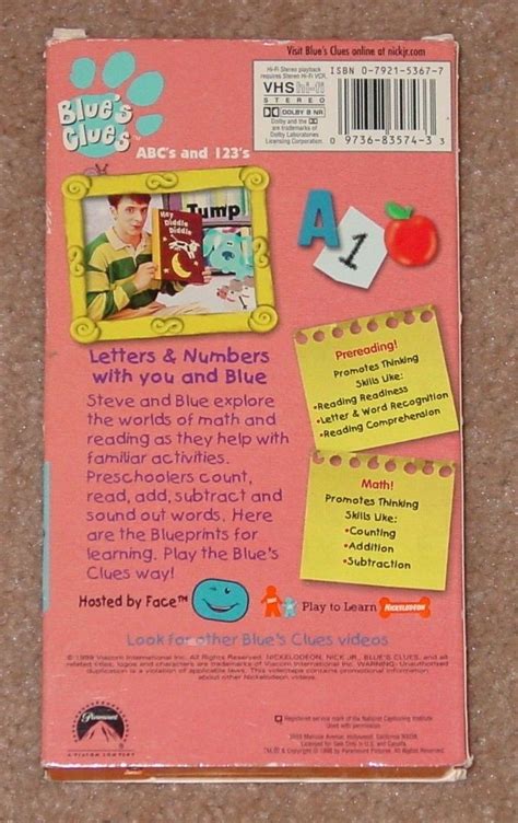 VHS BLUES CLUES ABCS & 123S VIDEO TAPE 1998 NICK JR PARAMOUNT PLAY ...