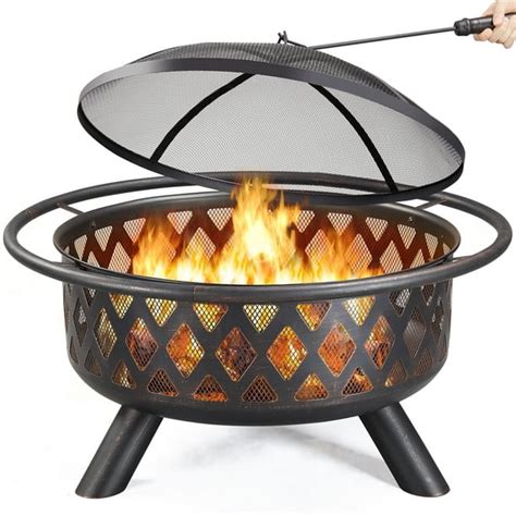 Yaheetech 36in Outdoor Iron Fire Pit Round Metal Outside Firepit with Mesh Screen Poker Rain ...