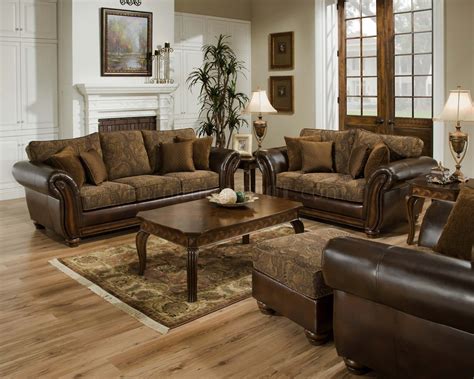 Vintage Chenille Sofa & Loveseat Set w/Brown Bonded Leather Base