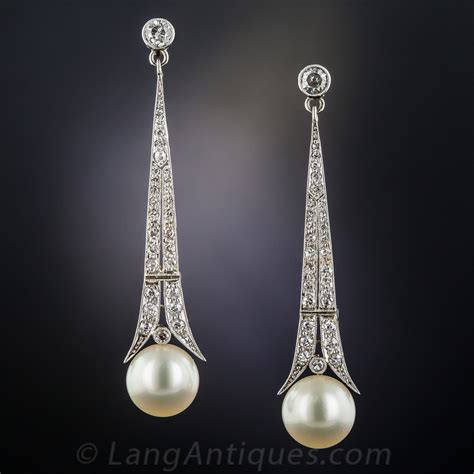 Art Deco Pearl and Diamond Drop Earrings