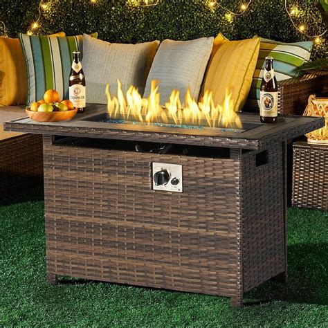 Sizzim Brown 40 in. 50000 BTU Rectangular Wicker Outdoor Propane Fire Pit Table with Storage ...