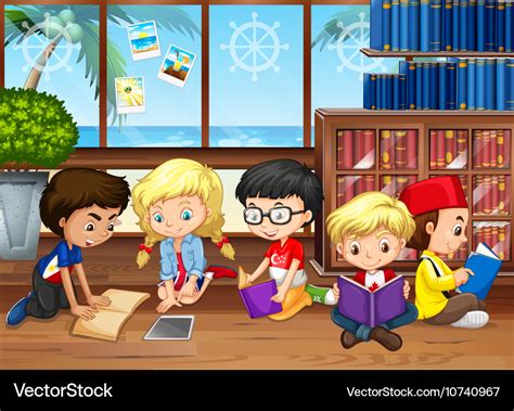 Children reading books in the library Royalty Free Vector