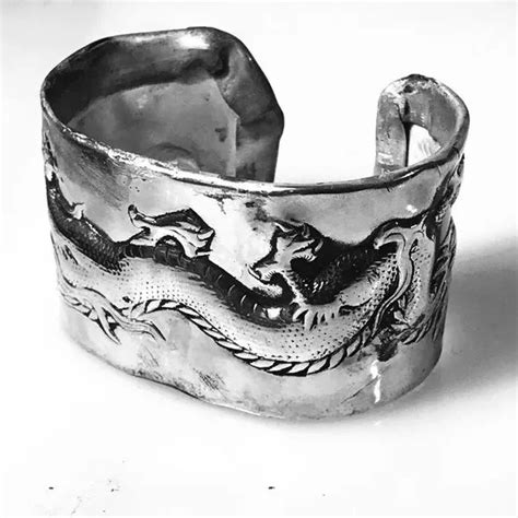 RARE ANTIQUE CHINESE Dragon Sterling Silver 925 Cuff Bracelet Mens XL ...