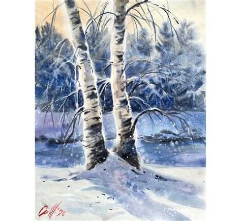 Birch Tree Painting Original Watercolor Winter Scene Art Snowy | Etsy