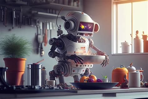 Robot chef cooking in kitchen of future home genius, smart robot ...