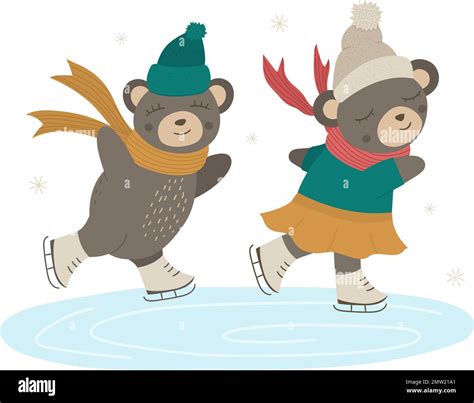 Vector illustration of bears in clothes skating on a rink. Cute ...