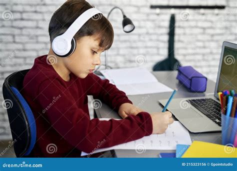 Side View of Schoolboy Doing Homework with Math Stock Photo - Image of math, computer: 215323156