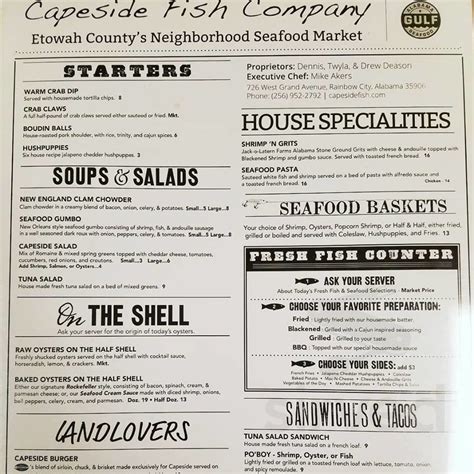 Capeside Fish Company menu in Rainbow City, Alabama, USA