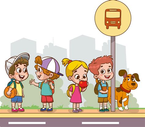 cute kids waiting for school bus cartoon vector 22982170 Vector Art at Vecteezy