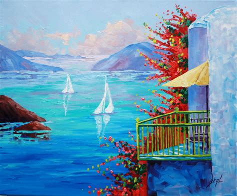 Greek Summer Rebecca Beal 20x24 Mediterranean seascape Oil Painting with balcony looking ove ...