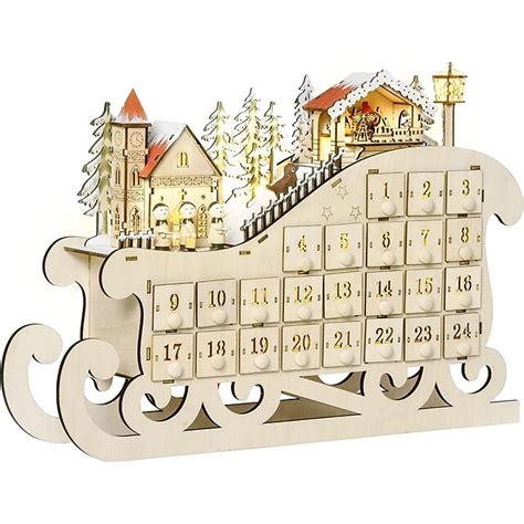 Christmas Advent Calendar, 2023 Light Up Table Xmas Wooden Sleigh ...